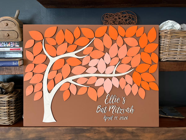 Bat mitzvah guest book alternative with tree of life design on a brown background, featuring personalized text.