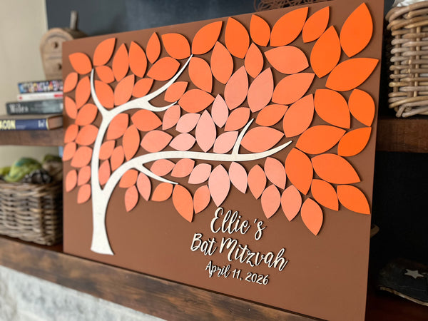magnetic guest book for Bat Mitzvah with tree of wishes and magnetic leaves to sign