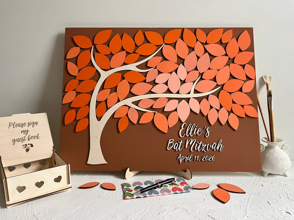 Customized Bat Mitzvah guest book with leaf design with magnetic leaves in orange shades