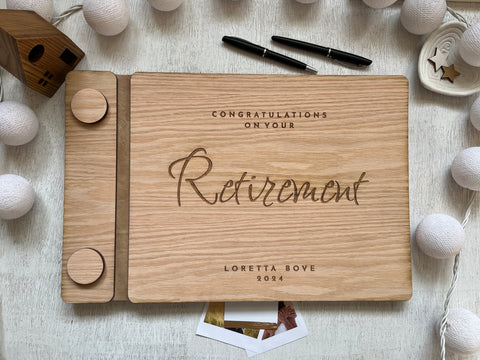 personalized retirement guest book made with red oak wood covers 