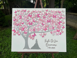 Butterfly tree guest book alternative with personalized text on a white board made for a Quinceaneara 