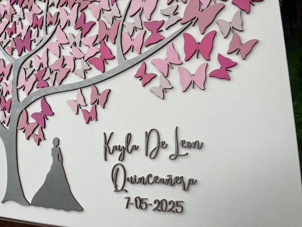 Decorative wall art with butterflies and a silhouette of a bride, featuring personalized text.