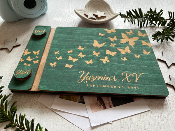 Butterfly personalized guest book for a quinceanearas party engraved with a name and birthday 