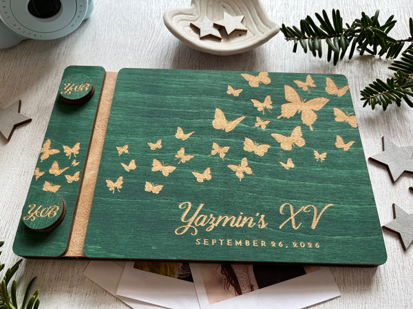 Butterfly personalized guest book for a quinceanearas party engraved with a name and birthday 