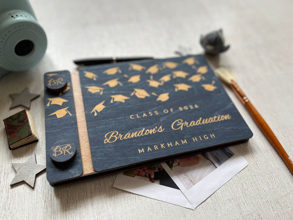 Personalized Graduation-themed notebook with decorative elements on a light surface