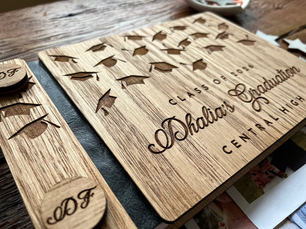 Red oak graduation guest book with personalized text