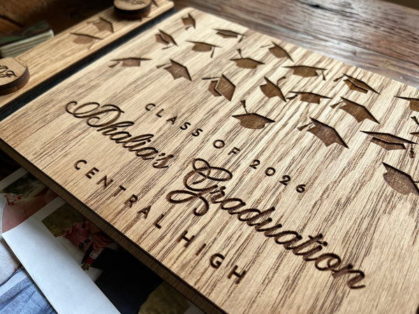 Red oak graduation guest book with personalized text