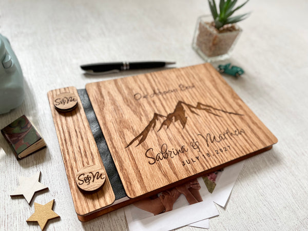 side view of wooden adventure book for him and her