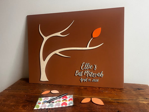 magnetic guest book for Bat Mitzvah with tree of wishes and magnetic leaves to sign