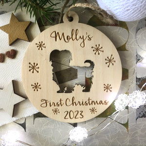 personalized puppy's first Christmas with custom puppy silhouette and name and date