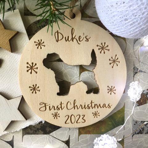 personalized doodle puppy first Christmas ornament with the name of the puppy and a golden doodle silhouette