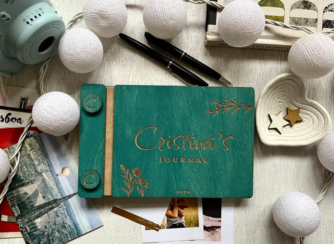 diary of journal with custom decoration and custom engraved buttons