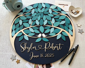 Magnetic guest book alternative, personalized wedding sign in with two trees coming as one, two families join - teal