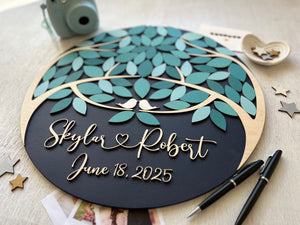 Personalized guest book alternative round sign with two teal trees coming as one, two families join