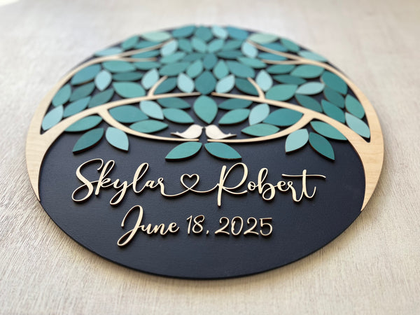 Personalized guest book alternative round sign with two teal trees coming as one, two families join