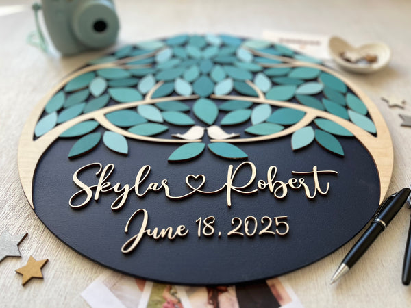 Personalized guest book alternative round sign with two teal trees coming as one, two families join