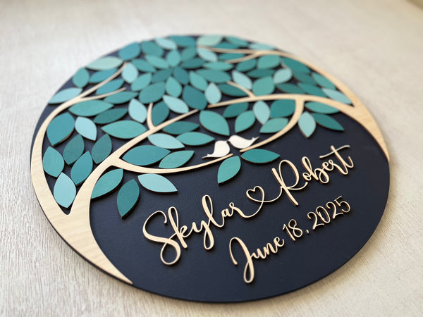 Personalized guest book alternative round sign with two teal trees coming as one, two families join