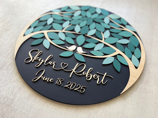 Personalized guest book alternative round sign with two teal trees coming as one, two families join