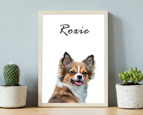Roxie the dog on a framed print made after a photo of Roxie