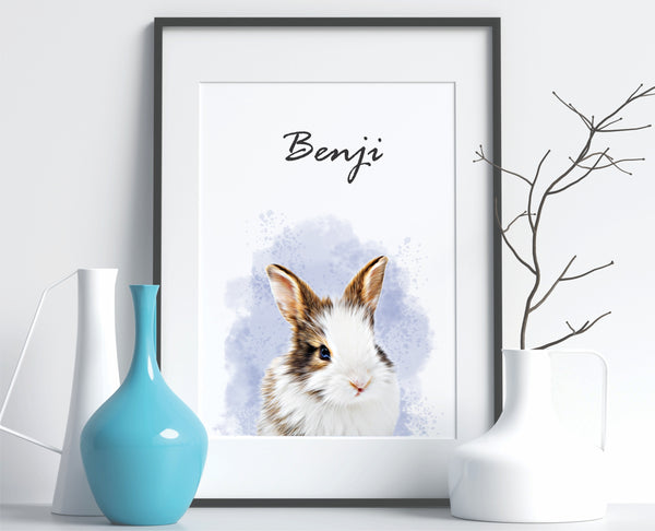 Bunny custom portrait with watercolor effect printed on an art print poster na d with a black frame