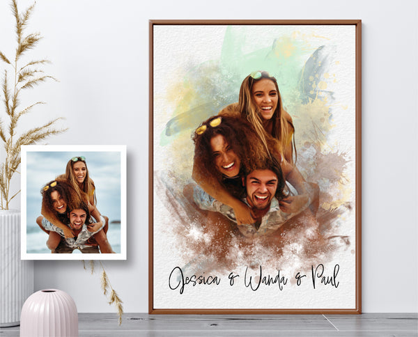 friends portrait watercolor splatter framed print personalized with 3 friends