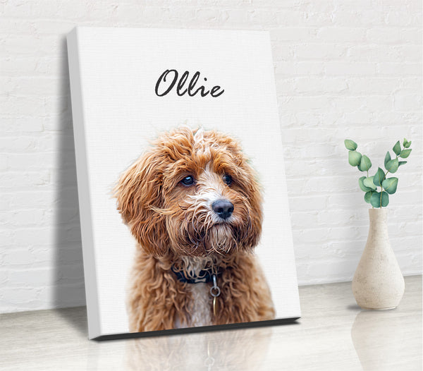 Goldendoodle portrait with the name of the dog in cursive, custom wall art with your pet 