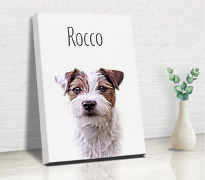 Canvas customized with painting of dog made after a photo of a Jack Russell terrier shown next to a vase