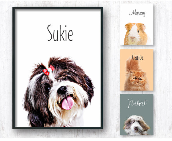 Examples of pets (dog, hamster, grumpy cat, fluffy dog) to show examples of canvases and prints personalized after your photo of your pet