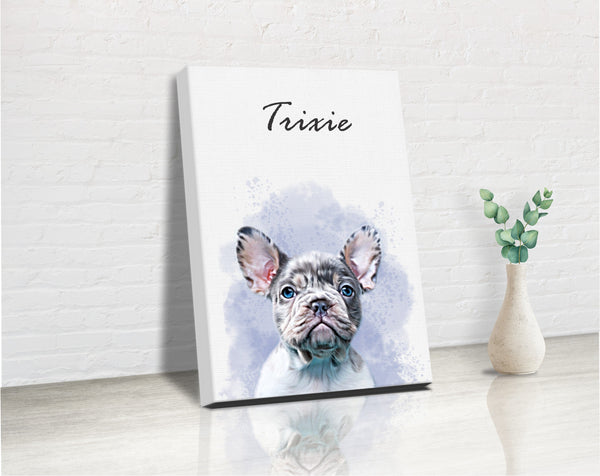 French bulldog custom portrait painting or watercolor printed on a canvas with a splatter background and the dog's name 
