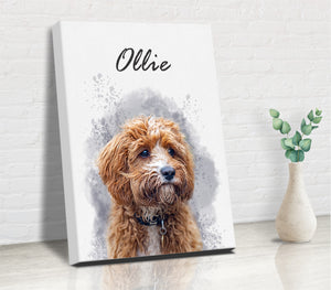 golden doodle portrait painting or watercolor printed on a canvas with a splatter background and the dog's name 