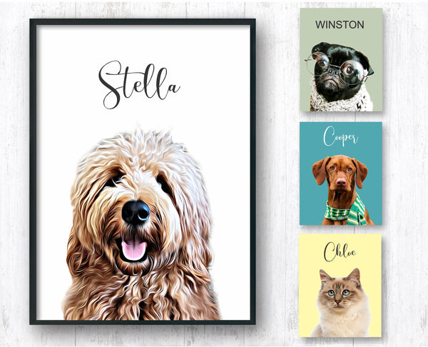 Examples of pets (dog, cat, pug, Vizsla, golden doodle, shorthaired cat) to show examples of canvases and prints personalized after your photo of your pet
