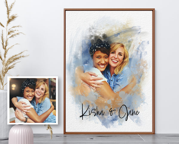 Wedding couple portrait, queer couple guest book canvas with names of brides, watercolor print newlyweds gift