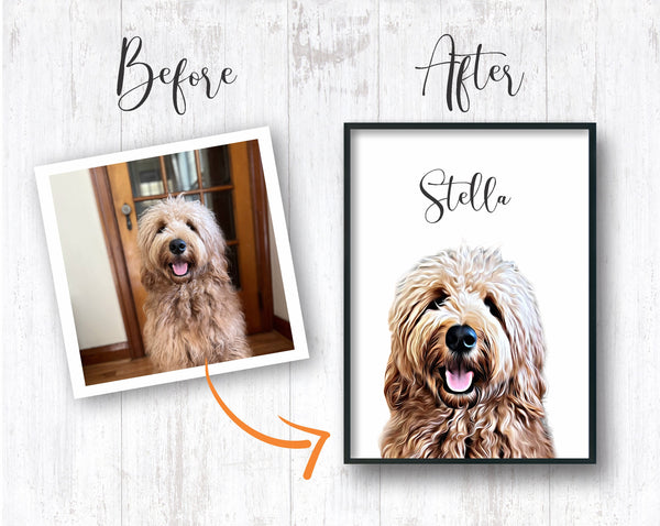 a goldendoodle named Stella on a picture and transformed into an painting framed print with name written on the top of the print, gift for dog mom