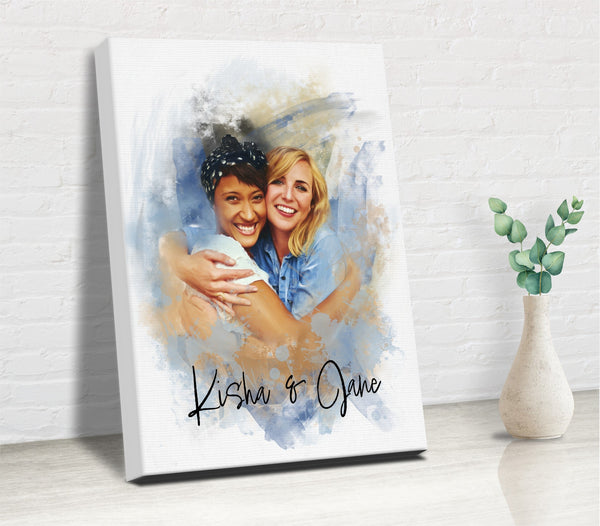 canvas with couple or friends personalized with names and a watercolor effect that compliments the features of the people in the picture