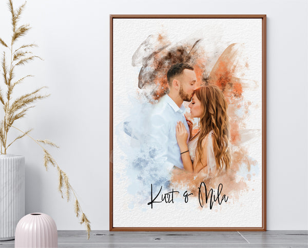 framed print with watercolor splatter portrait of a couple