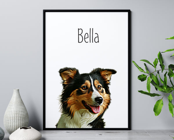 a framed print of a collie named Bella, wall art painting made after a photo and personalized with the name of the dog