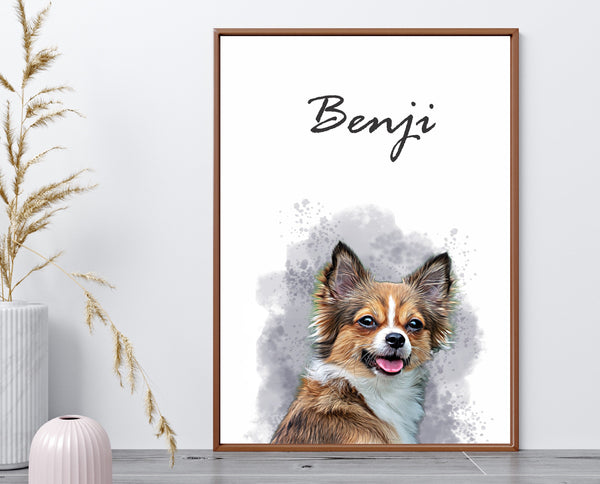 dog pet portrait painting or watercolor printed on a canvas with a splatter background and the dog's name 