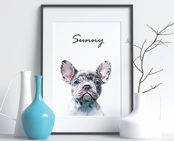 Puppy portrait framed with a black frame, personalized with the name of the dog- Sunny