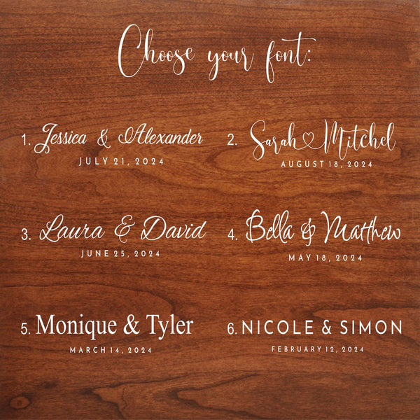 Classic personalized wedding guest book with engraved butterflies and custom wood stain