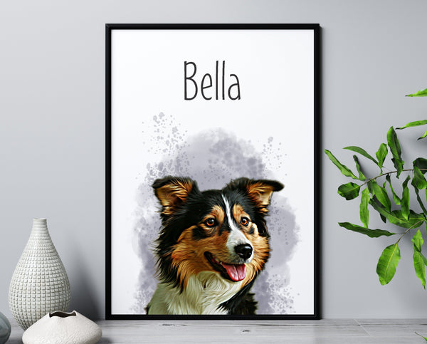 framed print of dog portrait with watercolor effect and splatter in the background