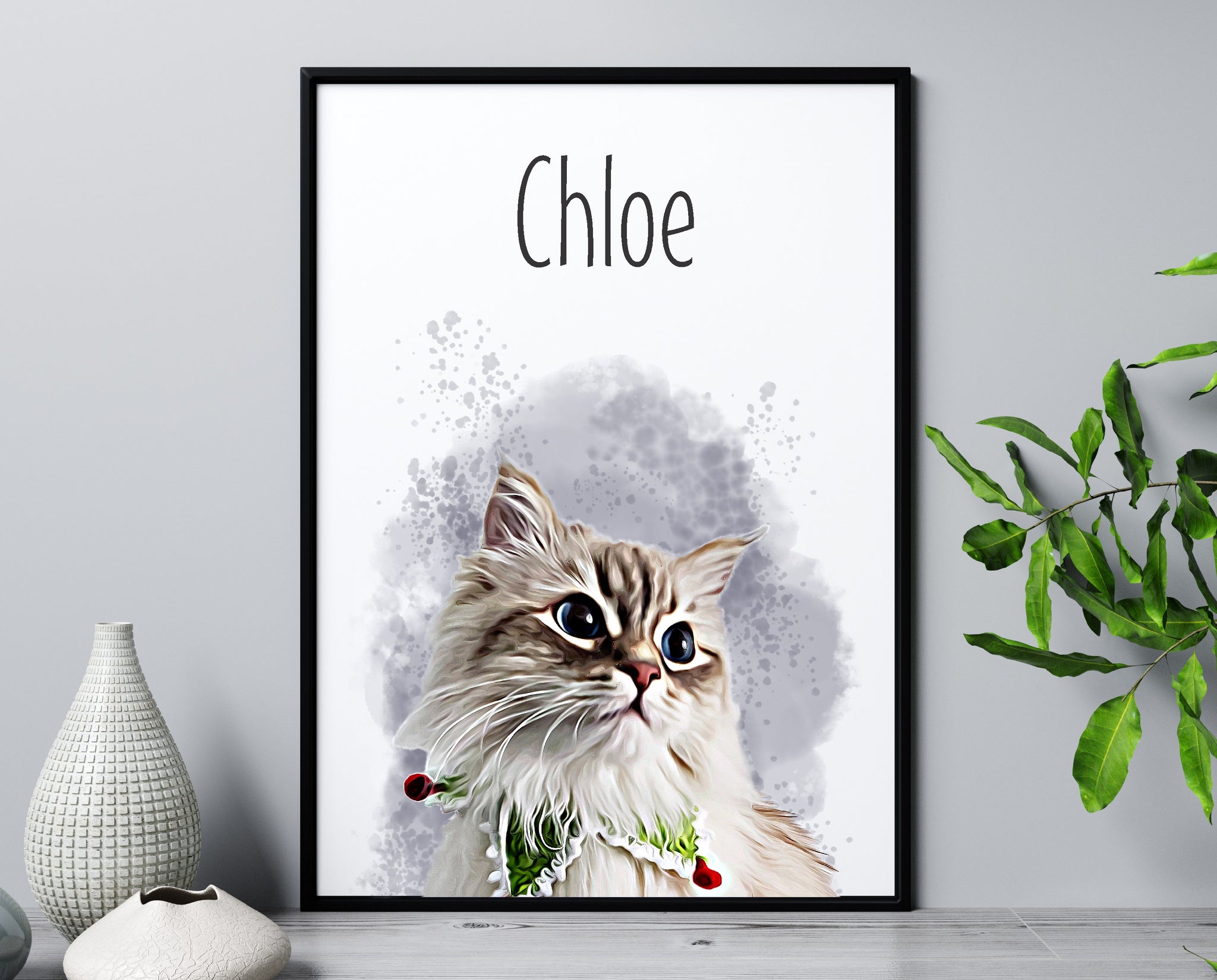 cat pet portrait painting or watercolor printed on a canvas with a splatter background and the cat's name 