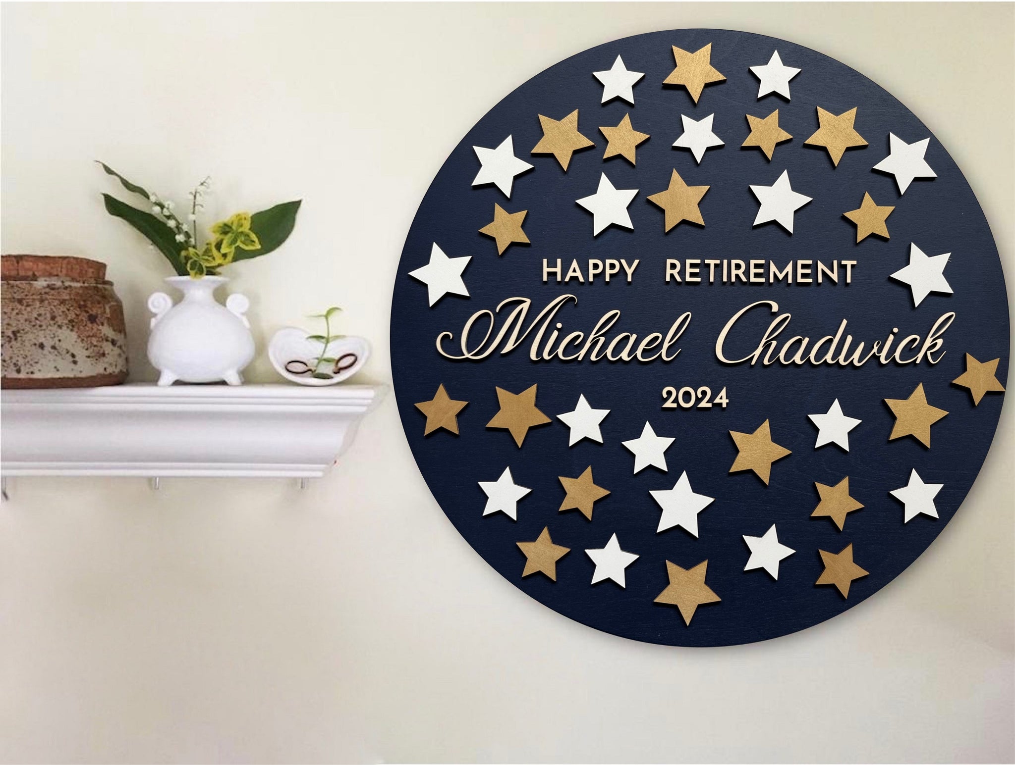round guest book alternative for retirement with gold and white stars to sign