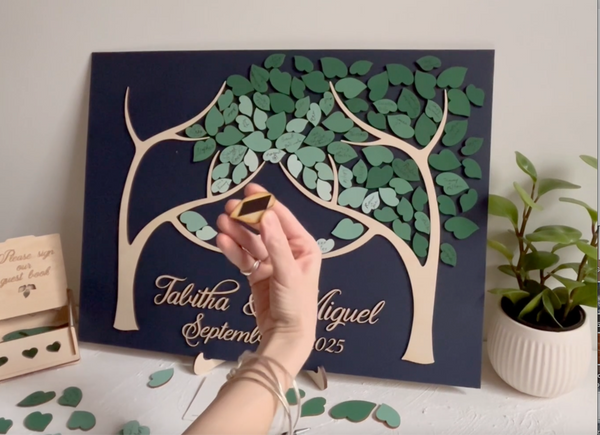Magnetic wedding guest book alternative in 3D with two trees, personalized names, each leaf has a magnetic strip so that you can add these signed leaves to the magnetic board