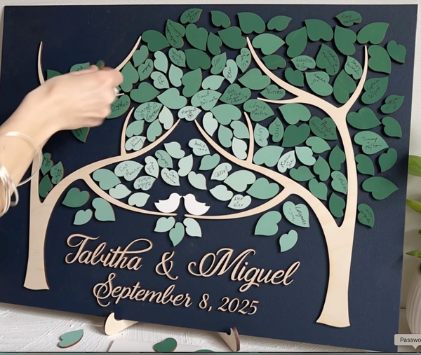 Magnetic wedding guest book alternative in 3D with two trees, personalized names, each leaf has a magnetic strip so that you can add these signed leaves to the magnetic board