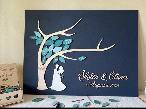 leaves added to the magnetic board- you can add all of just a few of the signed leaves after the wedding