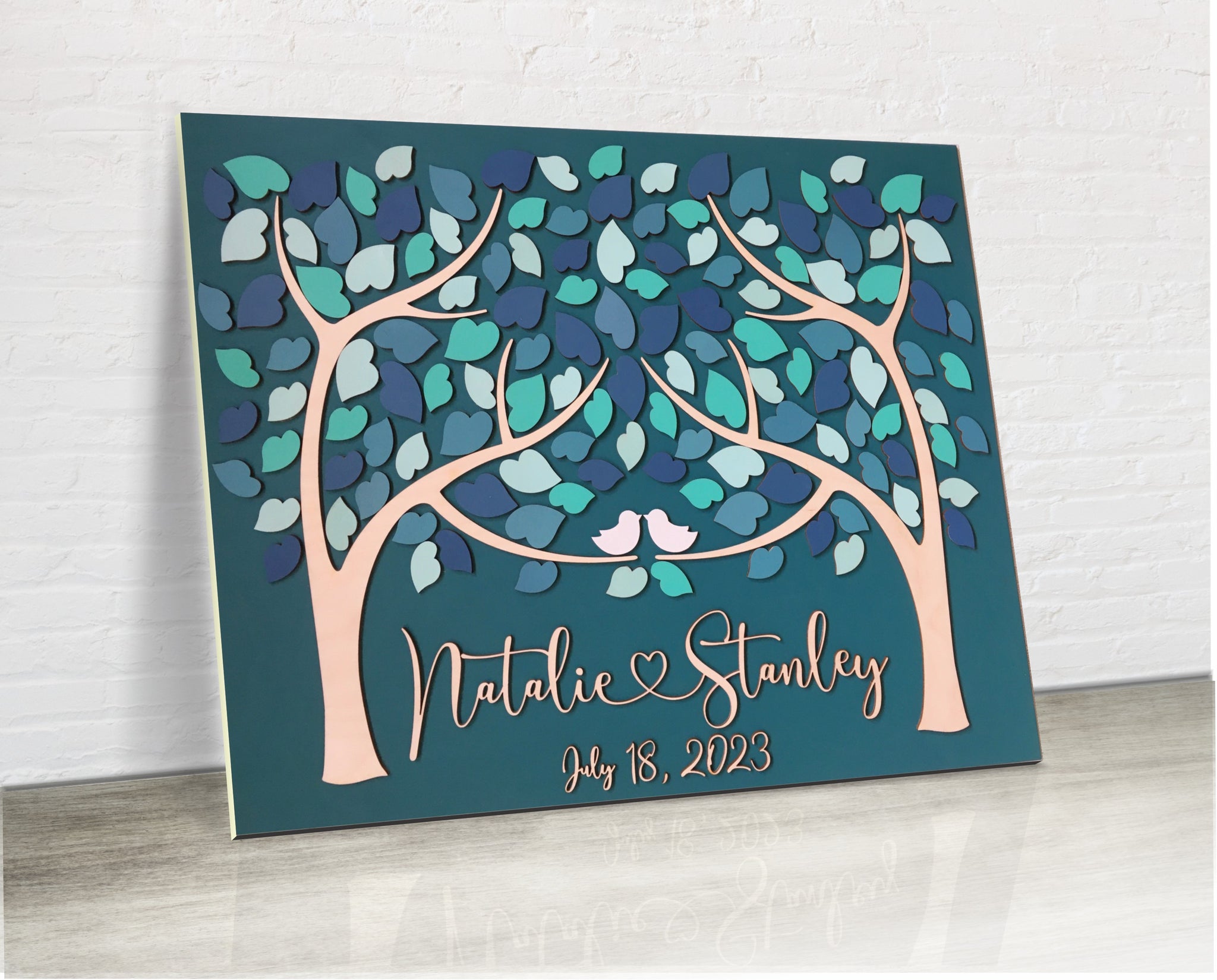 Teal 3D Personalized wedding guest book alternative with two tres that join in one, personalized guestbook