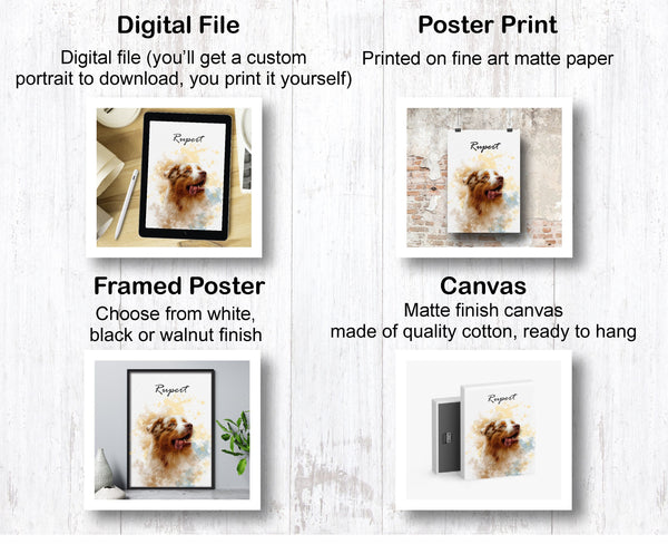 options to get your personalized pet portrait- canvas, poster print, framed print or digital format
