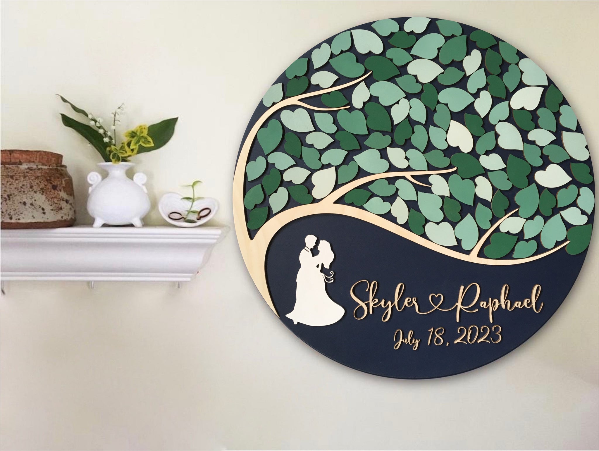 Tree guest book round wedding guestbook alternative with dancing couple, custom guest book with green and sage shades