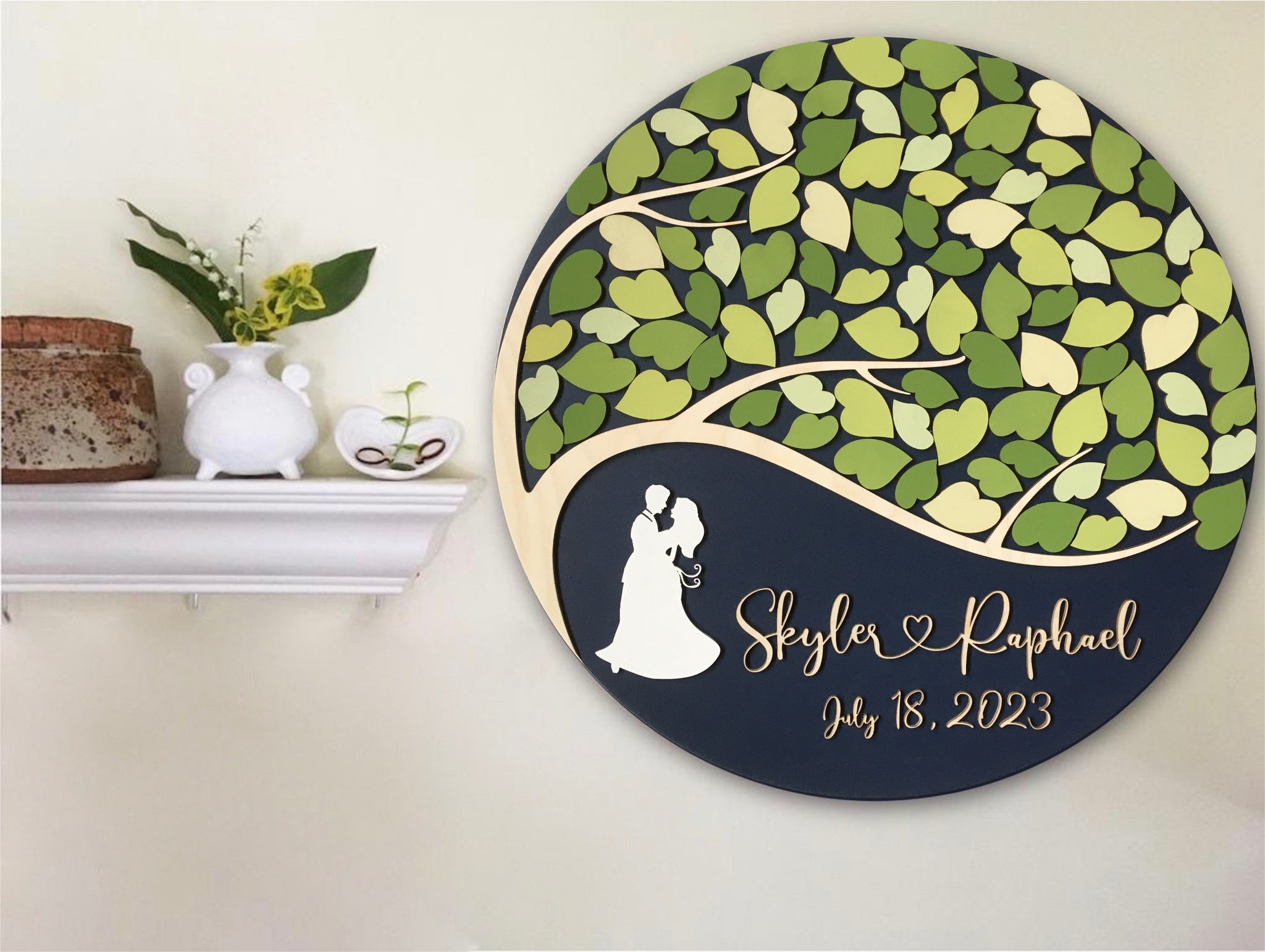 Tree of life guest book round wedding guestbook alternative with couple, personalized guest book with fresh green shades
