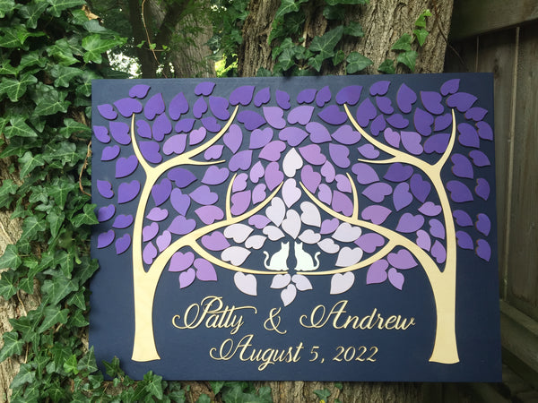 Two cats wedding guest book alternative with two trees that come as one in a purple violet color scheme